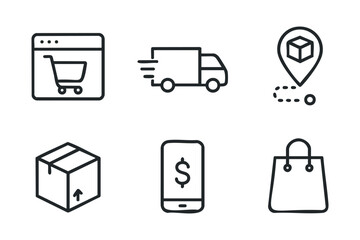 E commerce symbols for online shopping and delivery services. Set of 6 winter vector illustration
