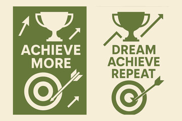 Geometric Achievement Banners. Achieve more. Two vertical A6 banners with safe margins, centered composition, no elements touching edges, geometric, olive