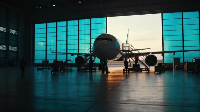 Airplane preparation in spacious hangar with sunlit background for aviation and maintenance concepts