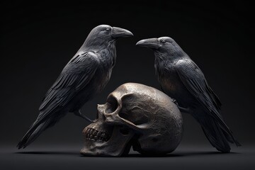 Fototapeta premium Two dark birds perch upon a weathered human skull against a black background