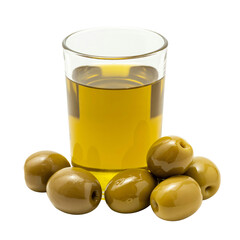 Rich golden olive oil in glass with fresh green olives, perfect for culinary and health content.