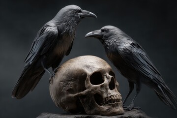 Fototapeta premium Two dark birds perch atop a weathered human skull in dramatic lighting