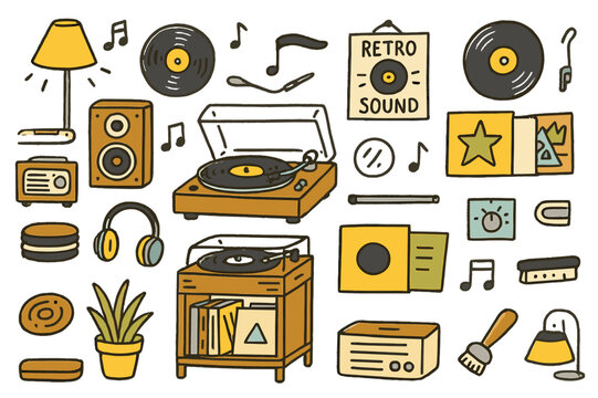 Retro Music Vibes. Retro sound. Hand-drawn doodle illustration record player (colored), vinyl records (colored), turntable (colored), speaker (colored), record