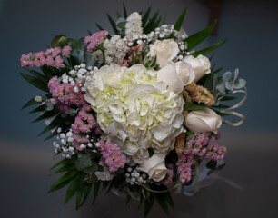 A beautiful bridal bouquet featuring a centerpiece of white hydrangeas, surrounded by delicate white roses and smaller pink and white filler flowers. The bouquet is tied with a ribbon, symbolizing