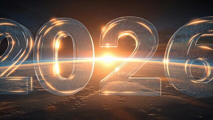 Transparent glass 2026 numbers with cinematic sunrise glow, elegant futuristic holiday concept for premium branding and event promo visuals
