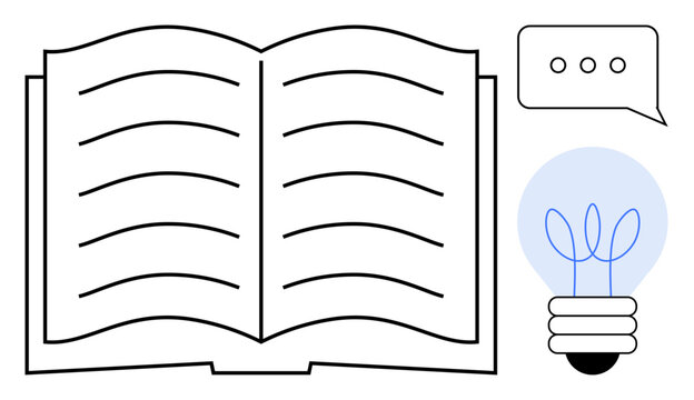 Open book with text lines, glowing lightbulb sprouting leaves, and speech bubble with dots. Ideal for education, learning, creativity, innovation, communication teamwork inspiration. Simple flat