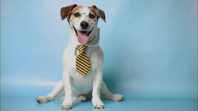 A smart Jack Russell Terrier dog wearing glasses and a tie. Education concept.