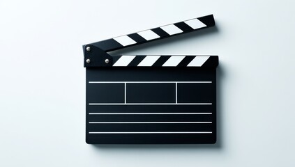 Resting flat on a plain white surface is a filmmaking clapperboard, marking the beginning of a creative journey in movie production and representing the innovative storytelling that defines the