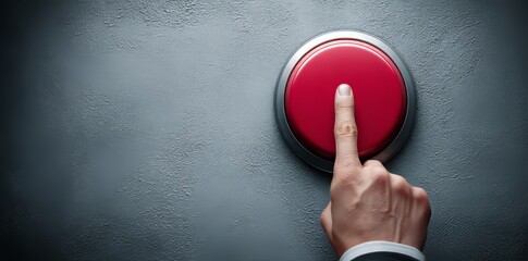 The hand of a formally attired individual is ready to press a large red button mounted on the wall in a modern office, implying a critical and urgent decision in a professional setting