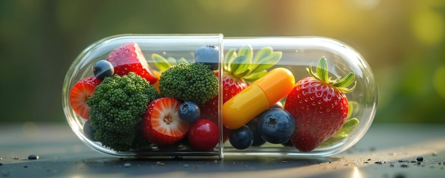 Vibrant fruits with broccoli inside supplement capsule. Health concept with natural vitamins, dietary antioxidant tablet for nutrition. Vegetarian ingredients within translucent medicine pill.