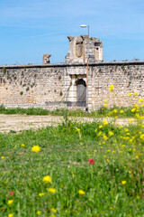 The medieval stone wall and entrance of the weathered Castillo de los Condes in Chinchón, Spain, framed by a lively field of yellow wildflowers and surrounded by a dirt road