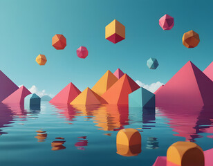 A colorful 3D-rendered abstract landscape featuring brightly colored geometric pyramids and floating shapes reflected in calm blue water under a clear sky.