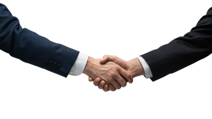 Professional businessmen in sharp suits confidently sealing a deal with a firm handshake, symbolizing partnership and success in commerce.