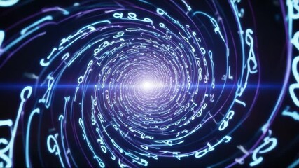 Mystical neon tunnel spiral with moving symbols in futuristic scifi scene - Powered by Adobe