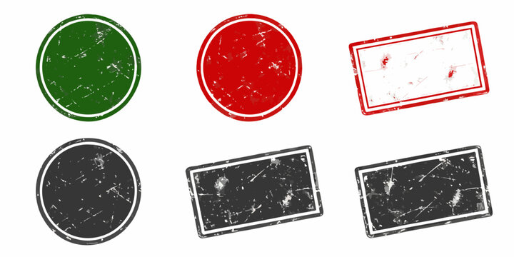 Collection of six distressed rubber stamps in circular and rectangular shapes and various colors