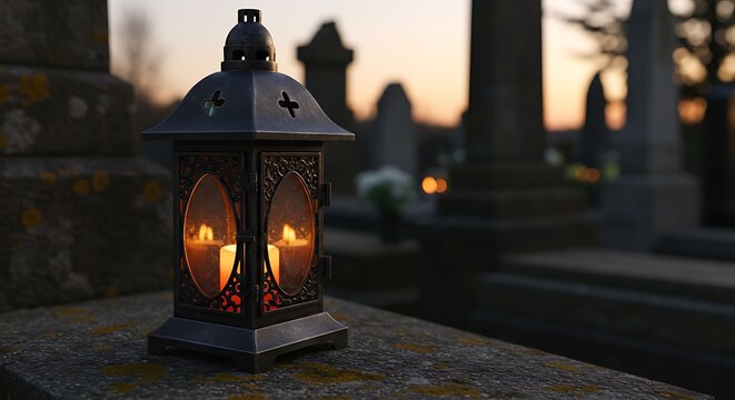 Cemetery Lantern with Burning Candles on a Gravestone at Sunset.