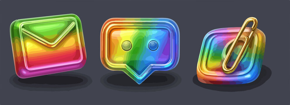 Conjunto de &iacute;cones digitais coloridos e brilhantes representando ferramentas essenciais de comunica&ccedil;&atilde;o online para interfaces modernas.