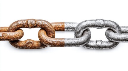 Obraz premium Rusty and shiny chain links side by side on a white background.