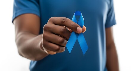 A black men's hand holding blue Health Men's Awareness ribbon, white background