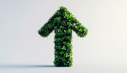 Eco-friendly 3D arrow covered with lush green leaves pointing upward. Concept of sustainable business growth, environment, and success with clean minimalist design.