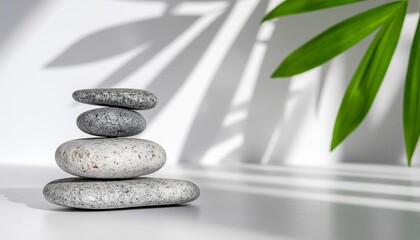 Minimalist zen stones stacked on white surface with soft tropical leaf shadows. Concept of balance, peace, and mindfulness for spa, wellness, and meditation visuals.