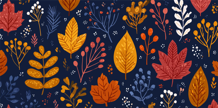 Ilustra&ccedil;&atilde;o floral vibrante com folhas de outono em tons de laranja, vermelho e amarelo, em um fundo azul escuro, ideal para design.