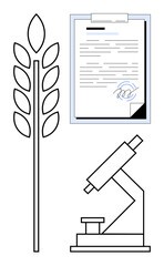 Wheat stalk, scientific microscope, and signed document highlight themes of research, biotechnology, and legal agreements. Ideal for agriculture, science, patents, policy food safety innovation
