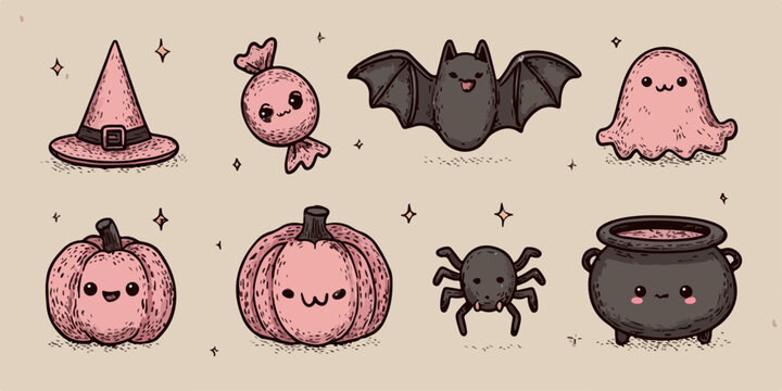 Ilustra&ccedil;&atilde;o fofa de elementos de Halloween, incluindo ab&oacute;boras, morcego, fantasma, bruxa, doce e caldeir&atilde;o, em um estilo de desenho animado.