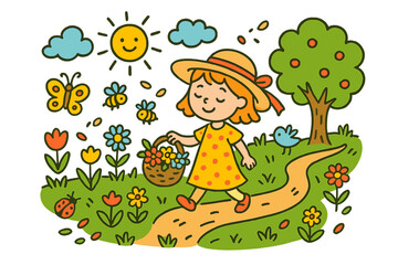 Naklejka premium Meadow Stroll Delight. meadow stroll. Colorful Hand-drawn doodle Children illustration meadow stroll girl, basket, flowers, grass, sun, butterfly, tree, bees,