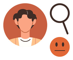 Headshot of faceless individual in circle, magnifying glass, and neutral face expression. Ideal for identity, anonymity, analysis, privacy, emotions research self-reflection. Simple flat metaphor