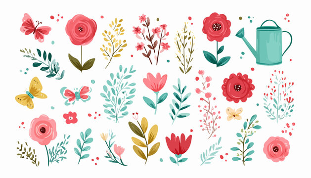 Ilustra&ccedil;&atilde;o vetorial de um conjunto de flores, borboletas e um regador, ideal para projetos de primavera e design floral.