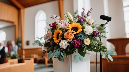Colorful floral wreaths featuring sunflowers, roses, and purple blooms highlight a meaningful occasion with natural beauty