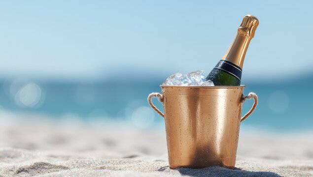 On the sandy beach at sunset, a golden ice bucket cradles a bottle of champagne, as waves crash in the background to create a festive atmosphere ideal for celebration