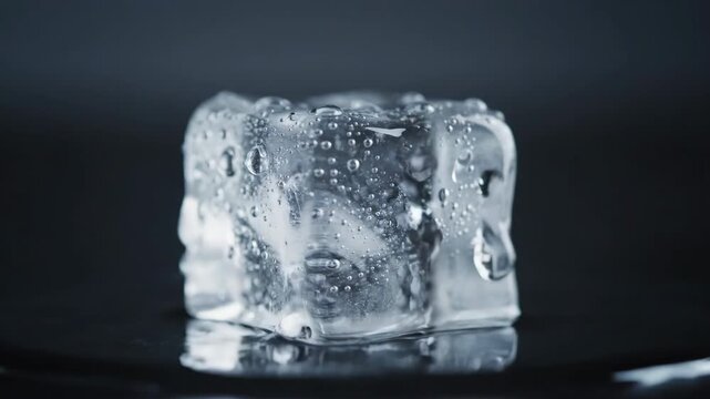 A block of ice slowly melts and transforms into water droplets, showcasing the mesmerizing effect of a natural physical change over time natural physical change, timelapse, liquid