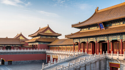 Fototapeta premium Ancient Chinese imperial palace with ornate green roof and red wooden structure, symbolizing traditional architecture and rich cultural heritage,Asia, oriental, history, landmark, travel, tourism,Ai