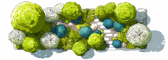 Ilustração vetorial de um jardim com árvores e arbustos coloridos, criando uma cena vibrante e artística com um estilo único.