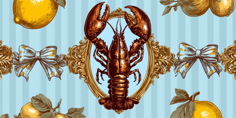 Ilustração de lagosta emoldurada com frutas e laços decorativos sobre fundo listrado azul, design elegante e detalhado.