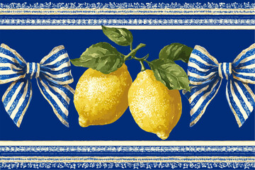 Ilustração vetorial de limões amarelos maduros com folhas verdes e laços azuis em um fundo azul escuro, design gráfico.