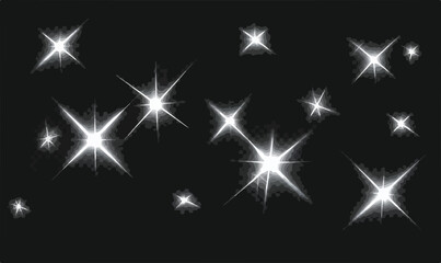 Ilustração vetorial de estrelas brancas brilhantes em fundo preto, ideal para design gráfico e decoração de projetos digitais.