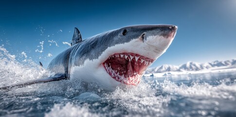 Fototapeta premium A breathtaking underwater scene unfolds in a stunning icy landscape, as a powerful creature, its mouth wide open, chases a smaller fish through the bright blue water, which contrasts sharply with the