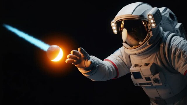 Astronaut intercepts glowing object in space with dynamic movements and light effects