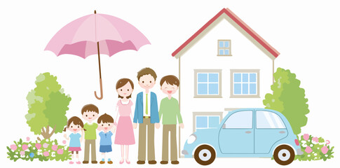 A família unida em frente à casa e ao carro, protegida por um guarda-chuva, simbolizando segurança e proteção.
