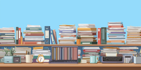 Ilustração vetorial de uma mesa de escritório com livros, canetas, xícaras e outros objetos, representando um ambiente de trabalho.