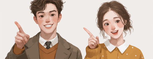 Ilustração de um casal sorrindo e apontando para cima, com um estilo de desenho animado, ideal para diversos projetos.