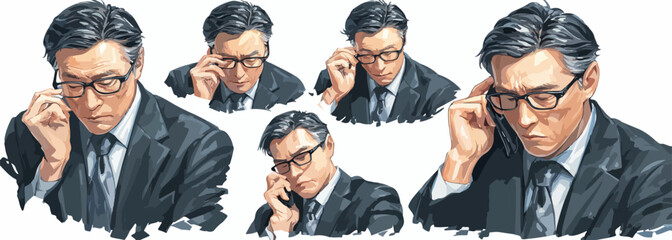 Ilustração de um homem de negócios elegante falando ao telefone em várias poses, com óculos e terno, em um fundo branco.