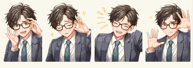 Ilustração vetorial de um homem de negócios com expressões faciais diferentes, usando óculos e um terno, em um fundo neutro.