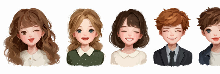 Conjunto de avatares de personagens diversos com expressões faciais alegres e amigáveis