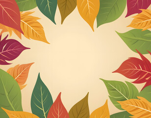 An autumnal illustration featuring various stylized leaves in shades of red, orange, yellow, and green creating a decorative border around a pale, central area.