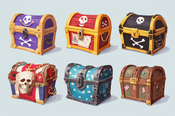 Conjunto de baús de tesouro pirata com designs variados e elementos temáticos de caveira e ossos cruzados.