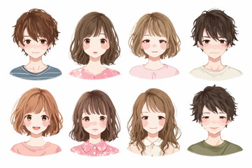 Conjunto de retratos de jovens em estilo anime, ilustrando diversidade de aparências e expressões faciais.